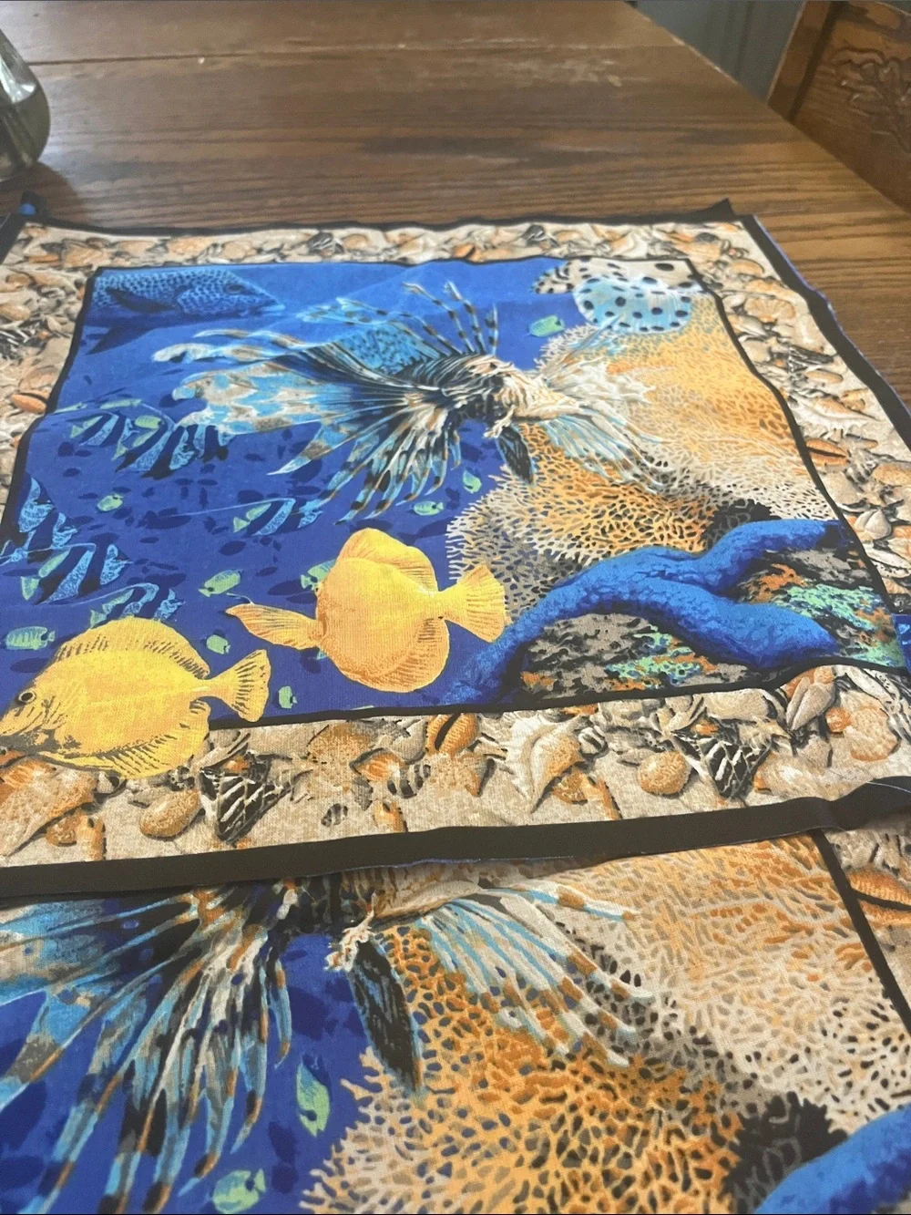Cotton fabric panels Underwater Fish Print - Blue & Yellow